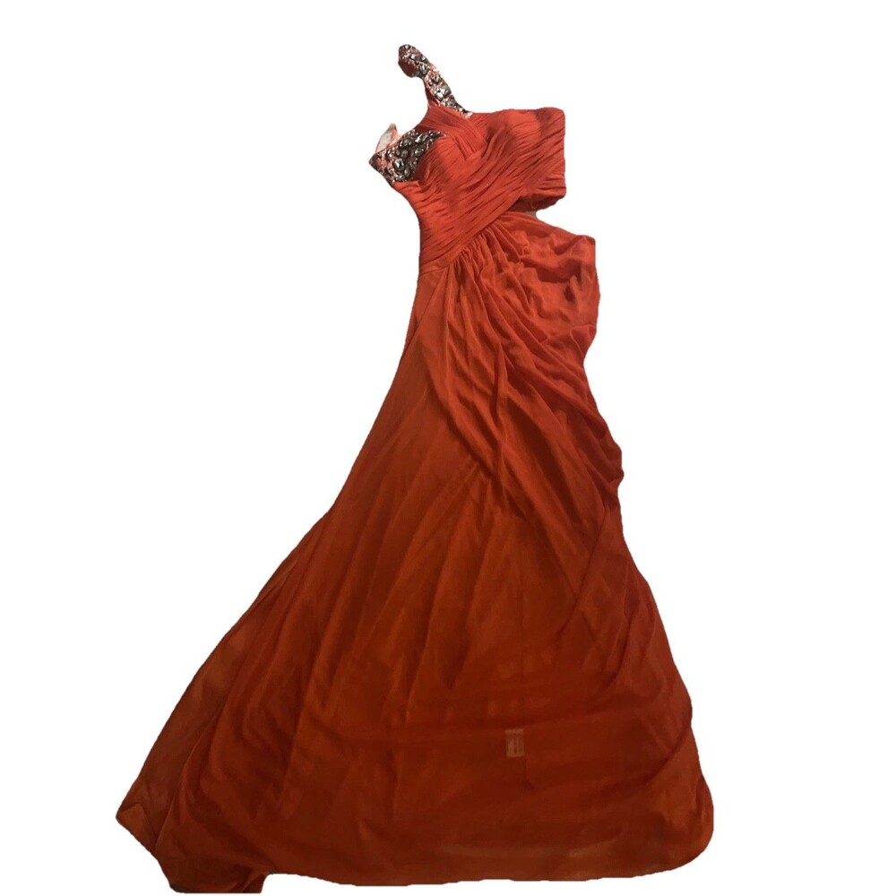 Shimmer by Bari Jay Formal Long Dress Gown Orange Coral Beaded Size 4
